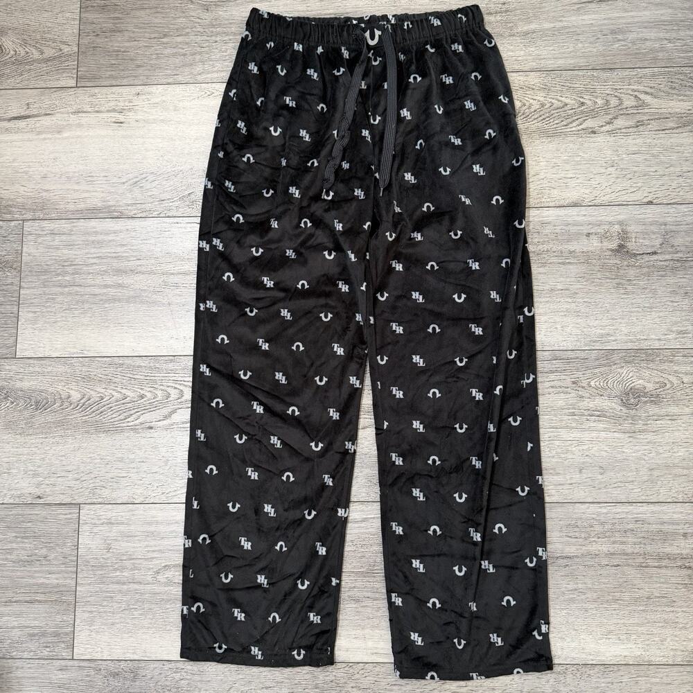 True Religion Men’s Loungewear Minky Fleece Pants Black Allover Logo Size L